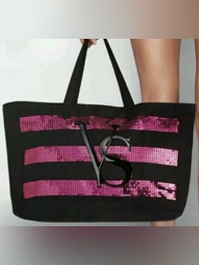 Victoria secret tote Stylish Black Tote with Pink Sequin Stripes